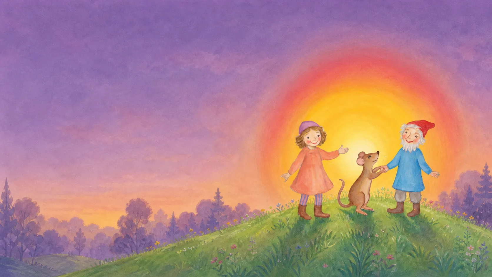 Rosina, eine kleine Maus und Rotmütz stehen bei Sonnenuntergang auf einem grünen Hügel im Eulenwald.