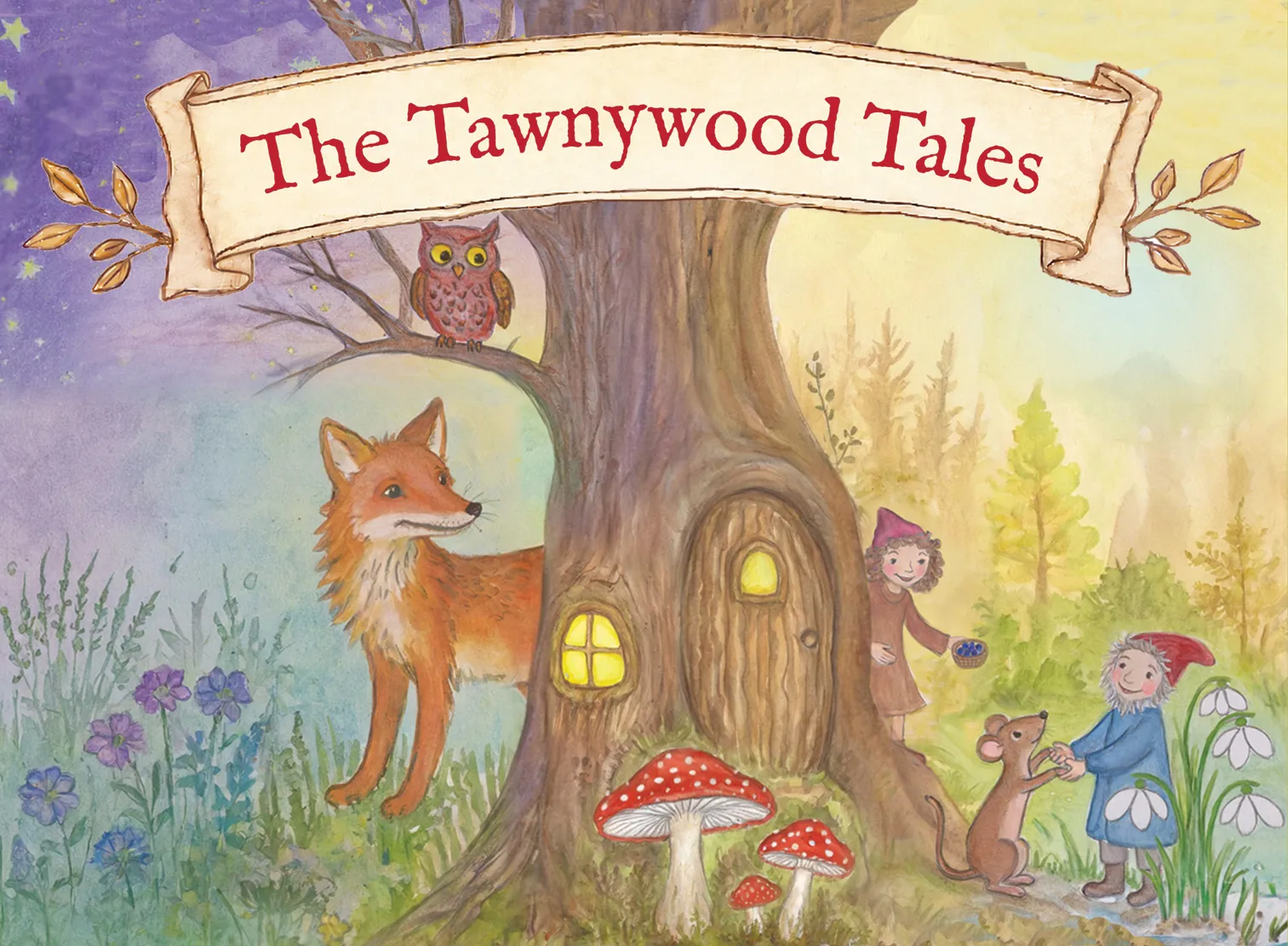 Watercolor scene of Tawnywood with Redwyn, woodland animals and a tree-root home beneath an ancient tree.