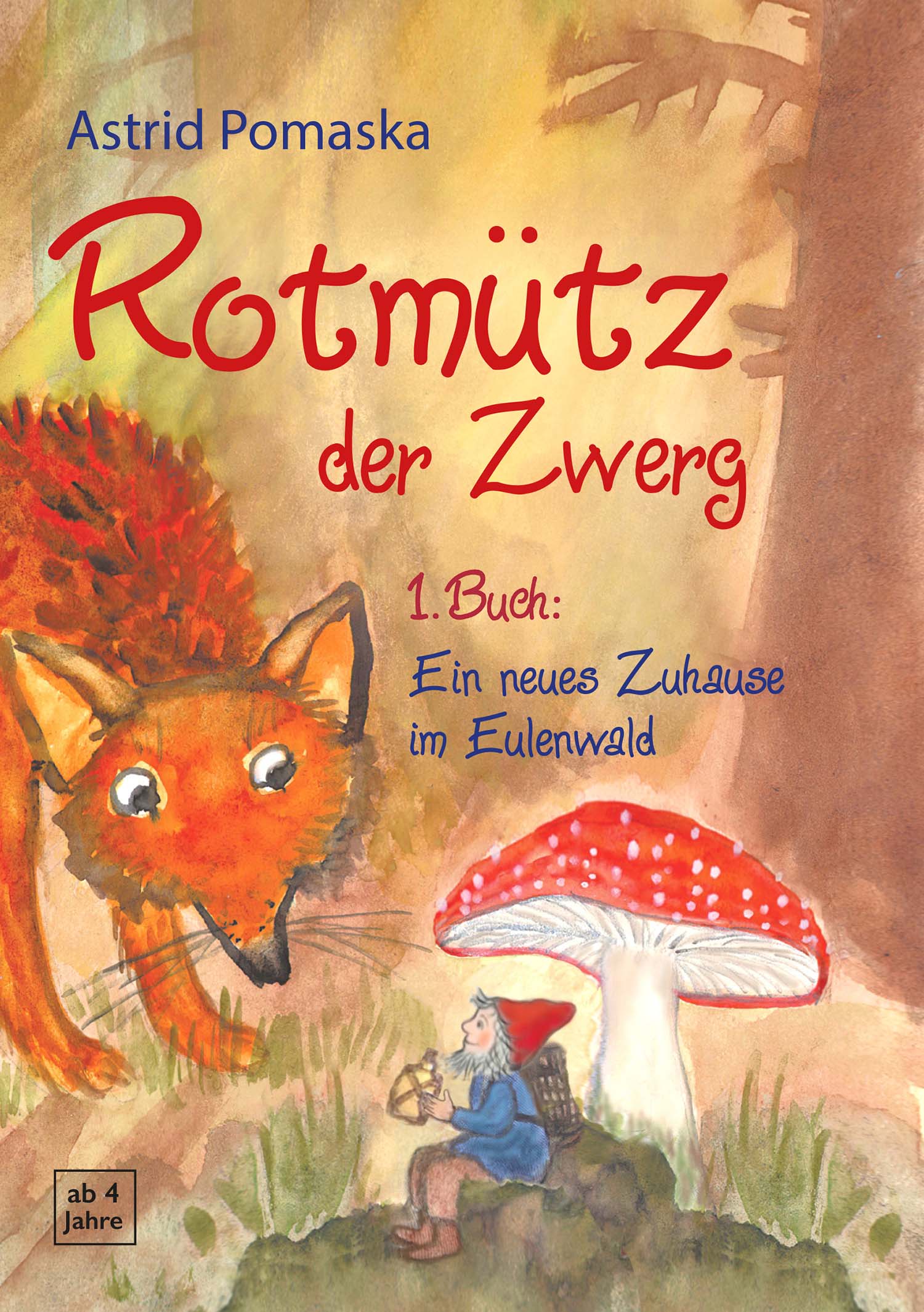 Umschlag: Ein großer roter Fuchs blickt aus dem herbstlich gelben Wald hervor; darunter sitzt der Zwerg mit roter Zipfelmütze, blauem Kittel und Kiepe auf einem Moospolster und hält eine Laterne, neben ihm ein Fliegenpilz.