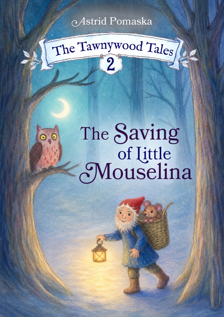 Cover: at night in a snowy blue wood, the gnome walks with a lantern, a mouse riding in the basket on his back, while an owl watches from a branch under a crescent moon.