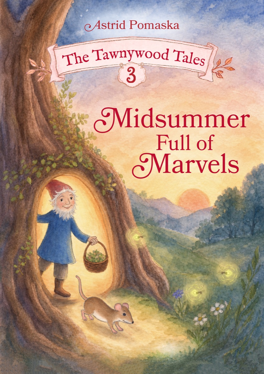 Cover: the gnome steps out of a lit round door in the roots of a great tree, carrying a basket, as a mouse runs past and fireflies hang over the grass above sunset hills.