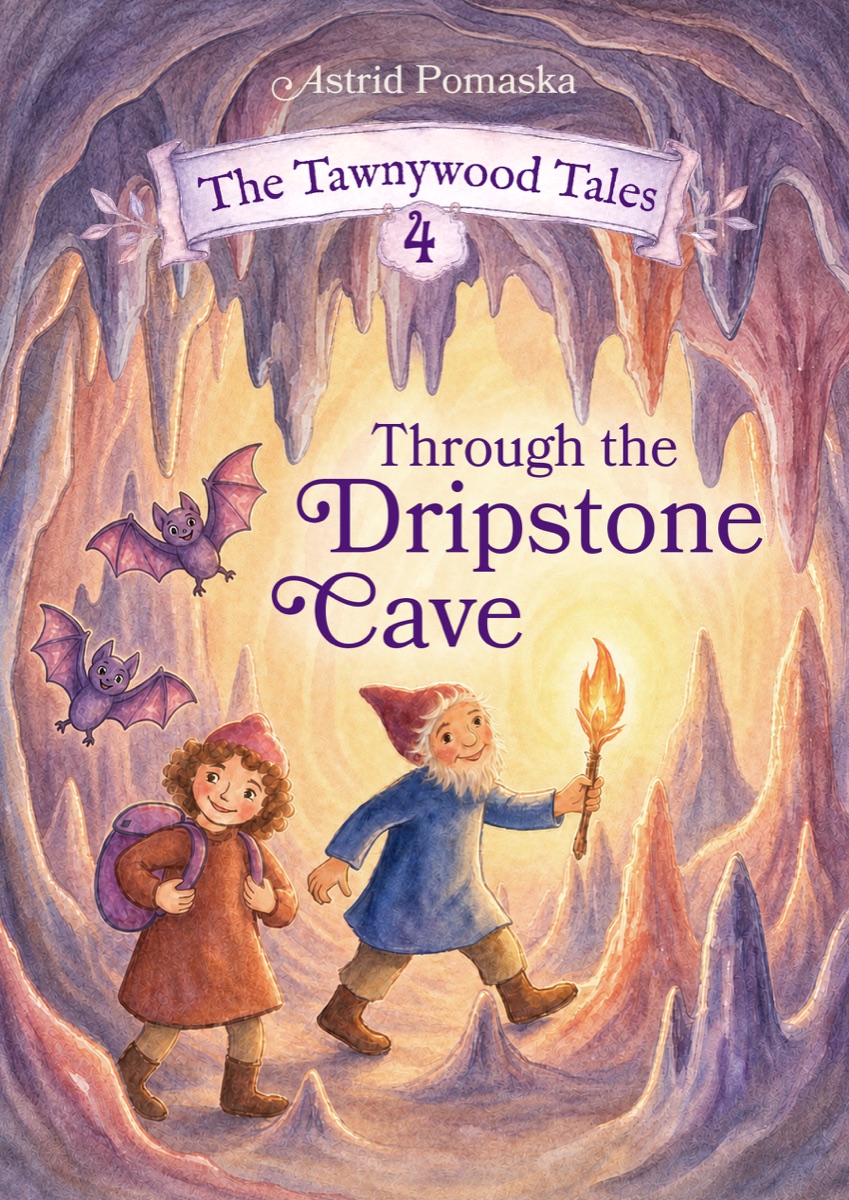 Cover: inside a dripstone cave lit amber by a torch, Redwyn leads the way holding the light while Rosina follows with her knapsack, and two bats fly beside them.