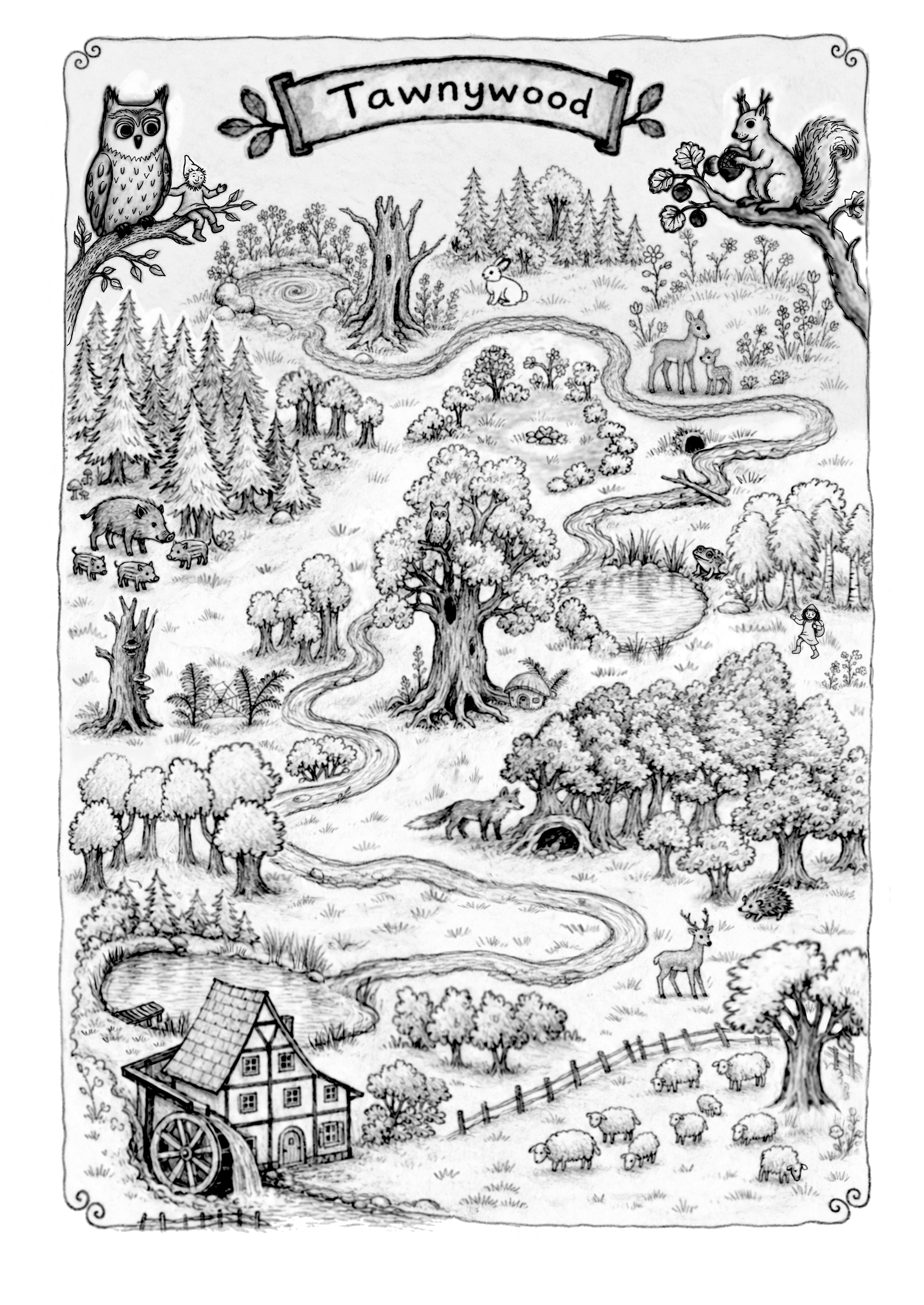 A pen drawing of the whole of Tawnywood on one sheet, ready to be coloured in.